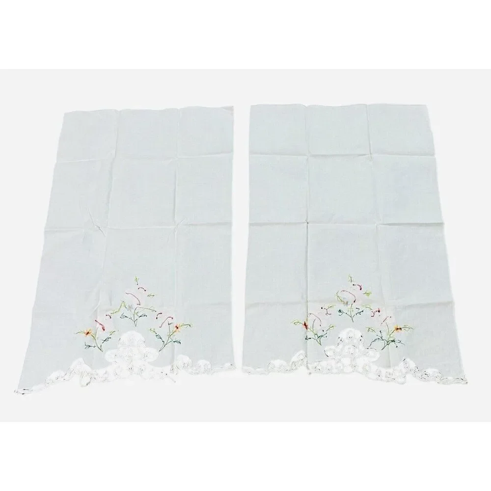 Vintage Pink Flower Linen Tea Towels Set 2 Lace Edge 22x14 Appliqué Embroidered